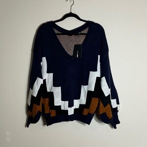 Fashion Nova V-Neck Sweater - Navy, White, and Brown